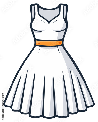 Elegant White Dress with Orange Belt Illustration Depicting Style and Fashion