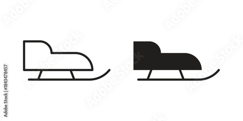 Sled icons. Solid black silhouette and line art outline. Minimal design element,