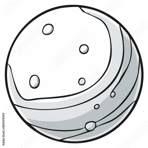 Cartoon image of a planet with craters and curved markings.