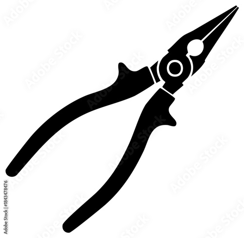 Needle nose pliers detailed in black bold outline for technical illustrations and repair manuals tool diagrams isolated