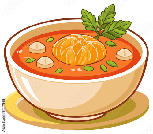 Vibrant cartoon soup bowl with orange fruit and green herbs