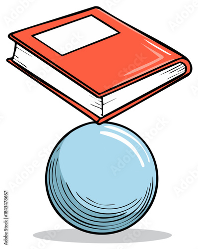Vibrant red textbook precariously balanced on a glossy blue sphere cartoon illustration of learning and equilibrium