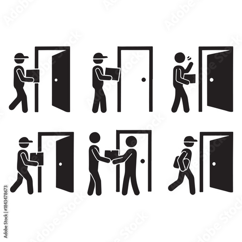 Delivery person at doorway icons Vector