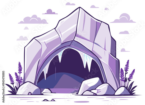 Vector illustration of a fantasy purple ice cave with icicles in a winter landscape