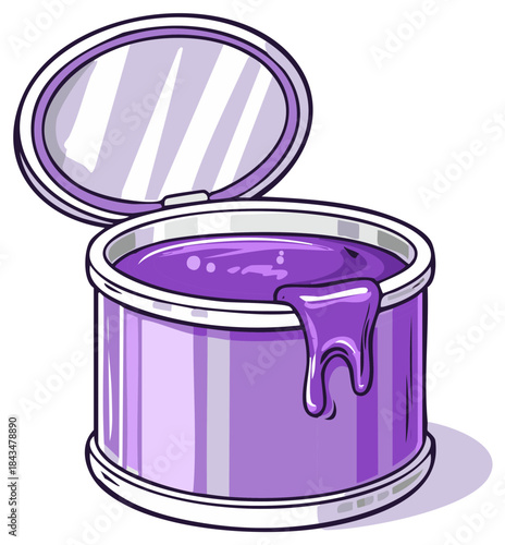 Open can of glossy purple paint with dripping color cartoon vector illustration
