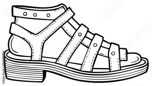 Illustration of a sandal with straps and stacked heel in black and white.