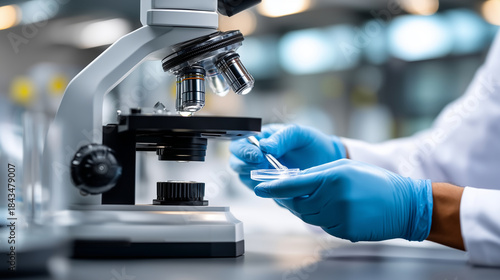 Scientist hand in blue glove using microscope in laboratory, medical research, scientific analysis, biotechnology, healthcare innovation, laboratory equipment, clinical testing, copy space.
