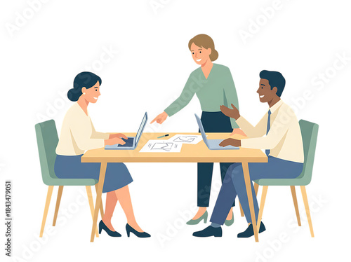 穏やかな前向きさで協働するオフィスチームの知的なひととき｜背景なし・透過PNG・コピースペース