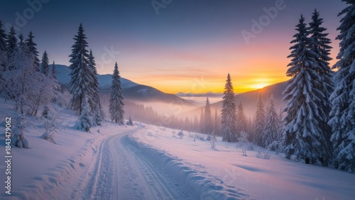 Winter Path to Bright Horizon, New Year Magic Landscape