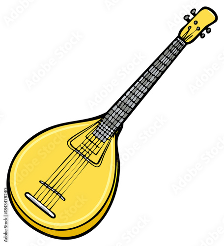 Yellow lute instrument illustration with strings and frets, isolated on white background