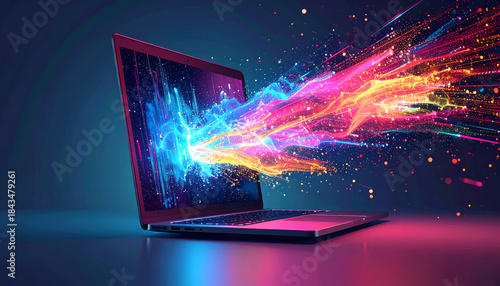 Laptop emitting colorful data streams, symbolizing digital creativity, high-speed technology, innovation, and powerful information flow.