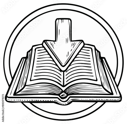 Line art illustration of open book with download symbol for education and knowledge acquisition