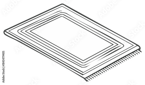Hand drawn rug illustration in isometric view showing detail and fringe in black and white.