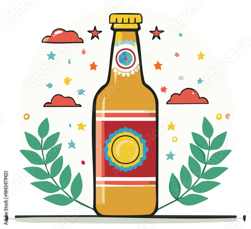 Celebratory Beer Bottle Vector Art with Decorative Stars, Clouds, and Laurel Branches