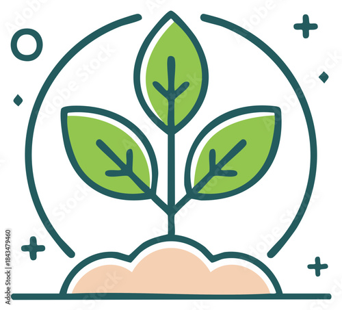 Green sprout growing from soil inside circle emblem with abstract decorative elements
