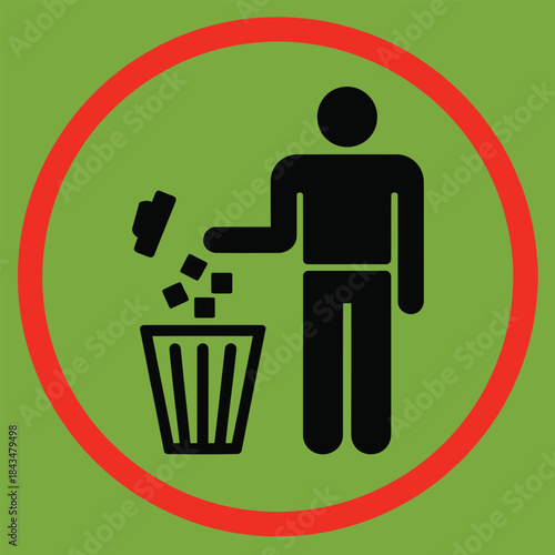 Clean environment reminder symbol shows a person properly disposing of garbage into a waste bin icon