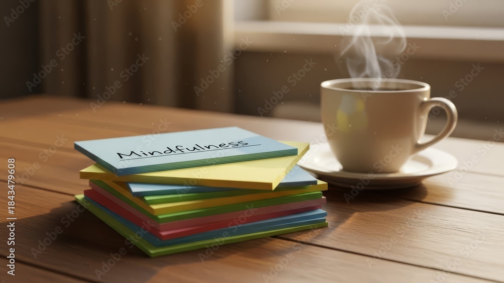 Fototapeta premium New Year Resolutions, Colorful Note Cards, Steaming Coffee, Mindfulness, Cozy Morning
