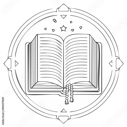 Spiritual Wisdom Symbol with Open Book, Prayer Beads, and Guiding Star in Elegant Round Frame