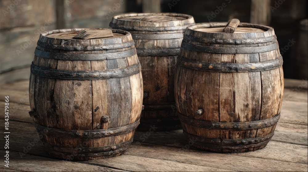 Fototapeta premium Wooden barrels are placed on a wooden floor inside a rustic building during daylight hours