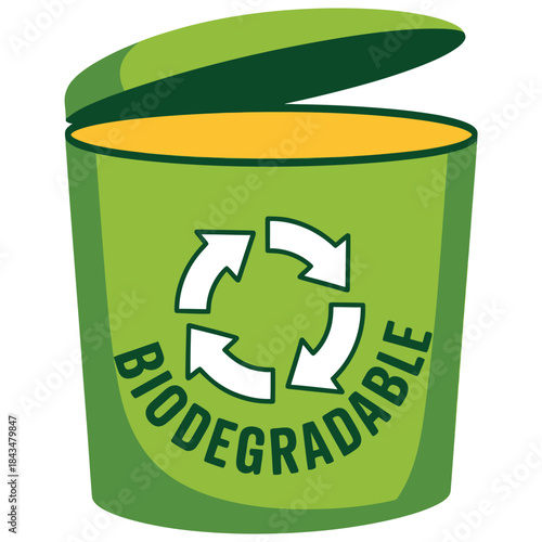 Vibrant green biodegradable waste bin with an open lid featuring a prominent recycling symbol for ecoconscious disposal