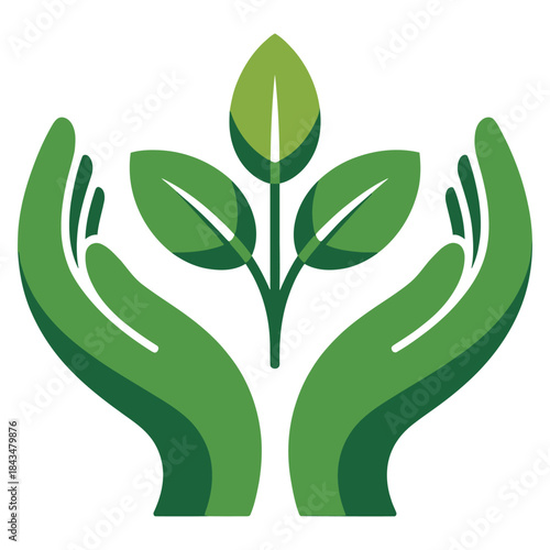 Vibrant green hands gently nurturing a growing leafy plant symbolizing nature conservation and environmental protection
