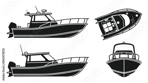 Motor Boat Views Vector Silhouette Set