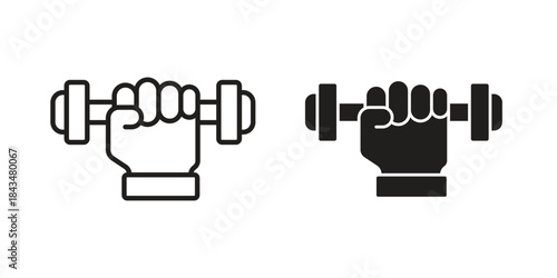 Strength training icons. Solid black silhouette and line art outline. Minimal design element,