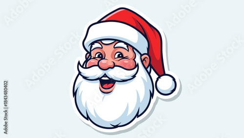 A cheerful and smiling Santa Claus head vector illustration with a red hat and white beard on a light blue-grey background