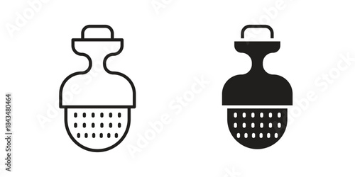 Tea infuser icons. Solid black silhouette and line art outline. Minimal design element,