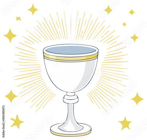 White Goblet Filled with Liquid Surrounded by Yellow Rays and Stars