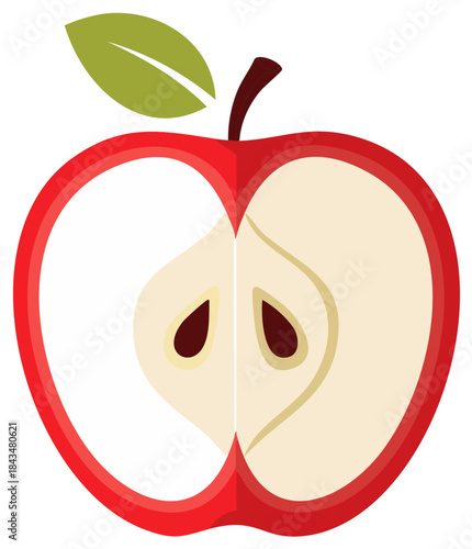 Fresh Red Apple Cut in Half Revealing Seeds and Core Illustration