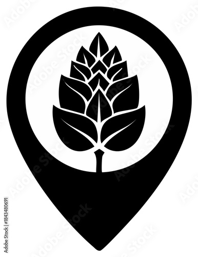 Black and white hop plant cone in a map location marker icon
