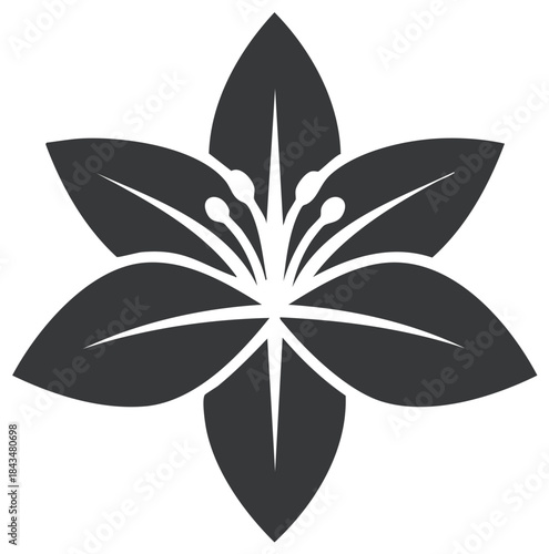 Stylized black six-petal flower icon with detailed stamens and pistil, symmetrical floral graphic design element