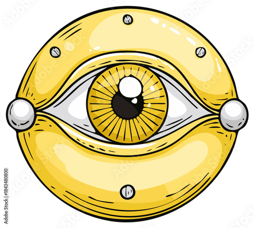 Steampunk Eye, Yellow Machinery, Metal Components, Vector illustration.