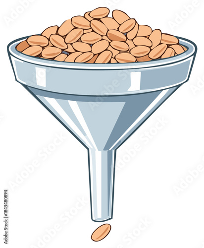 Funnel filtering many small oval seeds or beans