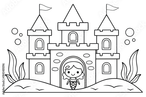 Undersea World with Fish and Coral Coloring Page, Deep Ocean Black and White Outline Vector for Kids