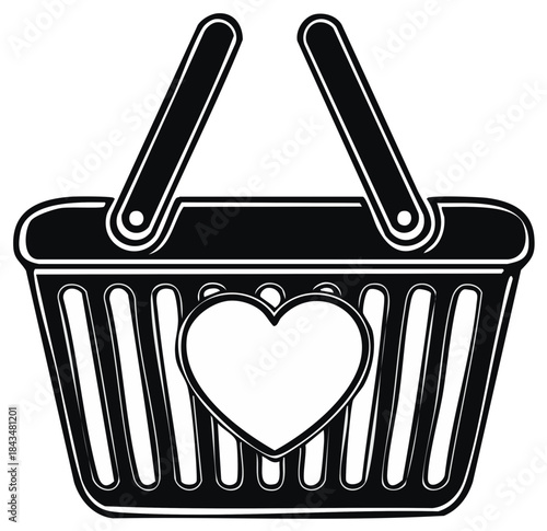 Black vector shopping basket icon with a white heart symbol for consumer love favorite items or wish list concepts