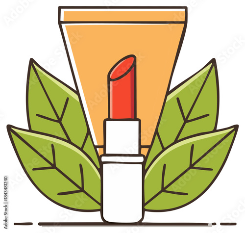 Natural organic cosmetics icon with red lipstick and makeup tube surrounded by green leaves
