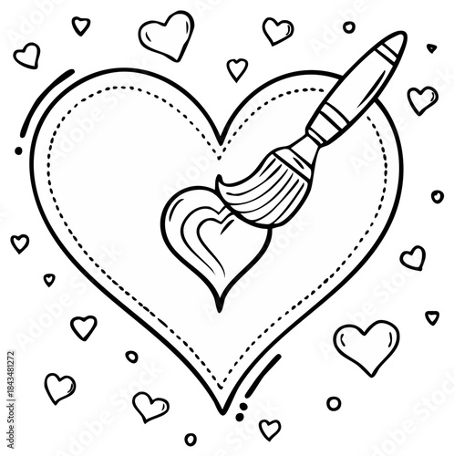 Heart shape with paintbrush and small hearts doodle art