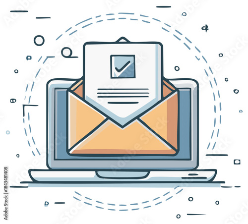 Digital Envelope Opening on Laptop Screen with Checkmark Document and Abstract Elements