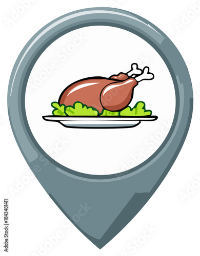 Roasted Turkey Icon in a Location Pin, Illustration for Restaurant or Holiday Concept