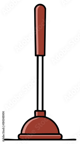 Cartoon Plunger Tool with Red Handle and Rubber Cup Isolated on White Background