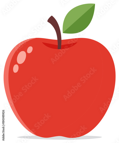 Vibrant Red Apple Illustration with Green Leaf and Brown Stem