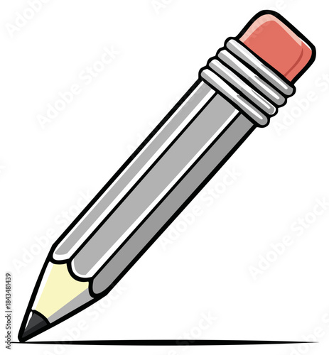 Cartoon graphite pencil with pink eraser drawing a line on white background