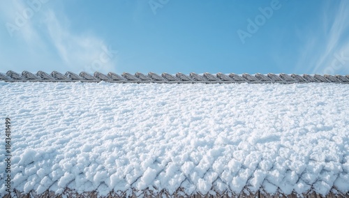 Detailed digital illustration of a steep thatched roof with alternating snow and straw layers, capturing natural texture, rhythm, and a quiet winter mood.