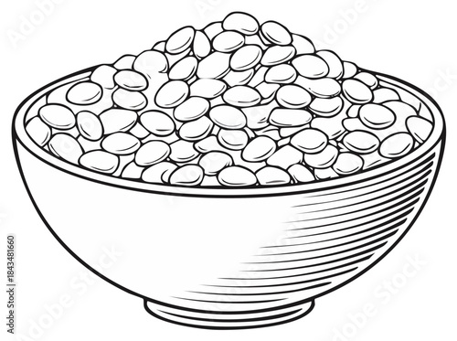 Bowl of dry lentils or beans in a vintage woodcut black and white style