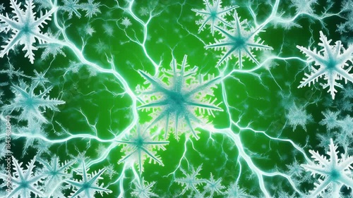 Abstract Green Background with Numerous Snowflakes and Lightning Effects