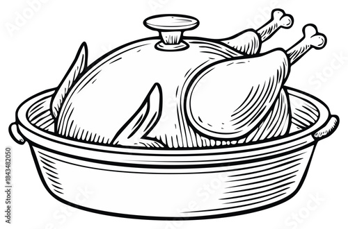 Hand drawn illustration of a whole roasted holiday turkey in a pan for a festive dinner.