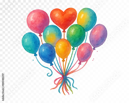Colorful watercolor balloon bouquet with heart shaped balloon, festive celebration illustration for birthday, party, anniversary and joyful holiday decoration designs. Vector illustration.