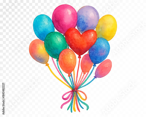 Colorful watercolor balloon bouquet with heart shaped balloon, festive celebration illustration for birthday, party, anniversary and joyful holiday decoration designs. Vector illustration.